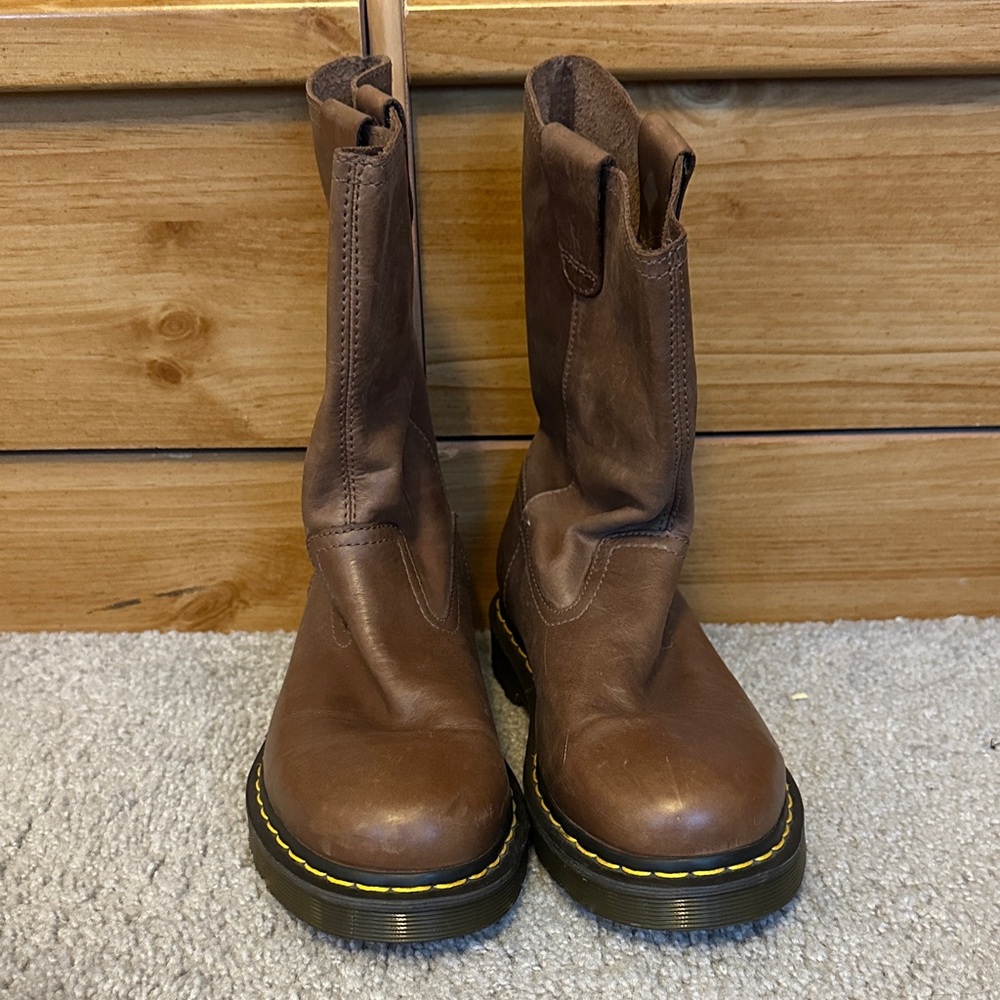 Dr. Martens Ranger. Brown Leather Boots with Yellow Accents